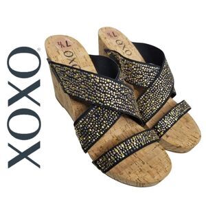 XOXO Belicia Studs Women's Black Stretchy Bling Studded Cork Wedge Sandal Sz 7.5